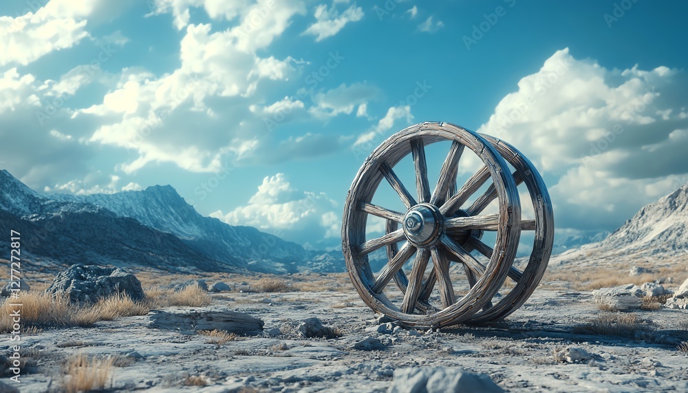 Fototapeta premium Hyperrealistic transformation of an old wooden wagon wheel into a sleek cybernetic wheel, smooth transition effect, futuristic AIdriven design, ultraHD, raytraced reflections