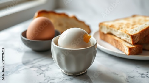 Breakfast is served with fresh eggs, crisp toast, set against a marble counter in a morning setting.