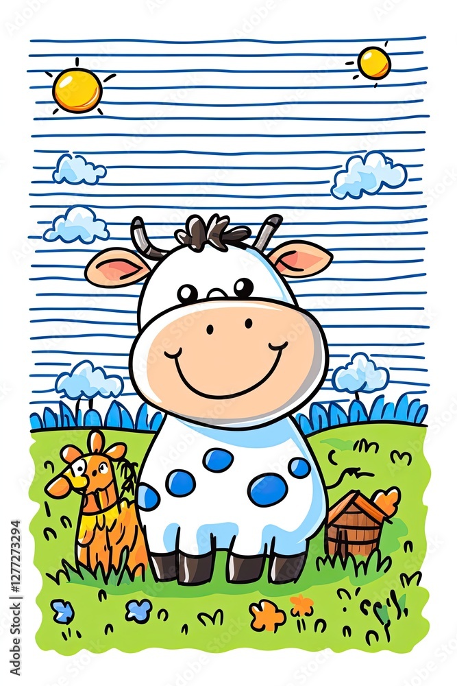 Naklejka premium A cute cartoon cow with blue spots stands in a field with a small brown house and a giraffe behind it.