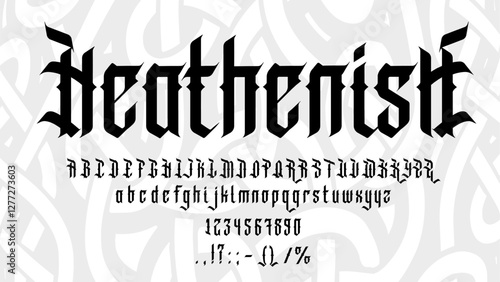 Vintage tattoo font, gothic medieval typeface, old english alphabet, gothic calligraphy type vector typography set. Medieval victorian font with english abc letters and numbers for tattoo or print