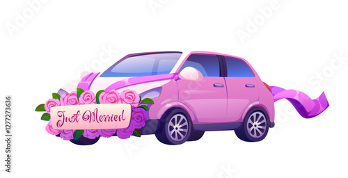Wedding and marriage pink car adorned with ribbons, flowers and just married sign at the front. Cartoon vector auto decorated with pink roses and flowing purple ribbon symbolizing love and celebration