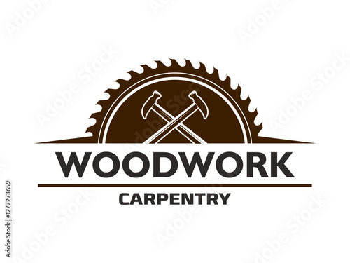 Woodwork and carpentry service icon with circular saw blade and crossed hammers, vector emblem. Carpenter workshop and handyman woodwork repair or service symbol for woodcraft or furniture manufacture
