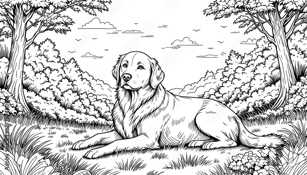 Obraz premium Golden retriever dog coloring page design, cute puppy outline for children book, happy pet character sketch for preschool education, friendly animal doodle illustration, adorable drawing in nature