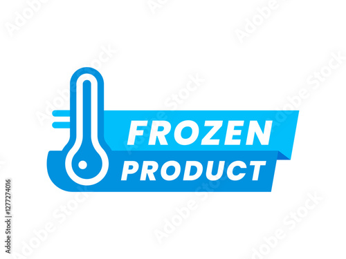 Frozen cold product blue icon with thermometer for food package, vector badge. Frozen product label for fresh meat, refrigerated food or fish and seafood package symbol or keep cold instruction