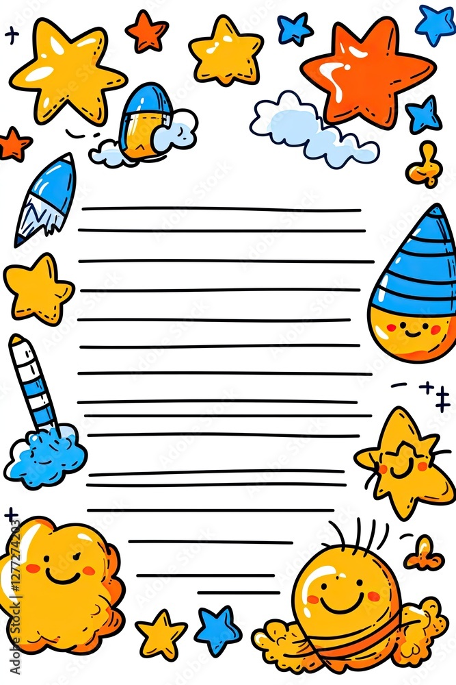 Fototapeta premium A cute, illustrated lined paper with stars, rockets, and smiling clouds on the border.