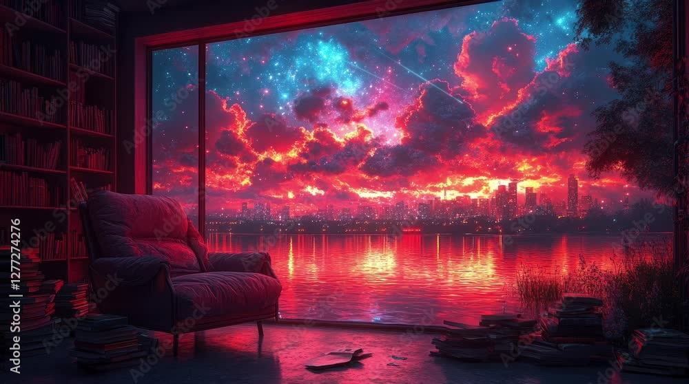 A cozy reading nook with a stunning cosmic sunset view over a city skyline. Seamless looping 4k video background A cozy reading nook with a stunning cosmic sunset view over a city skyline. Seamless looping 4k video background