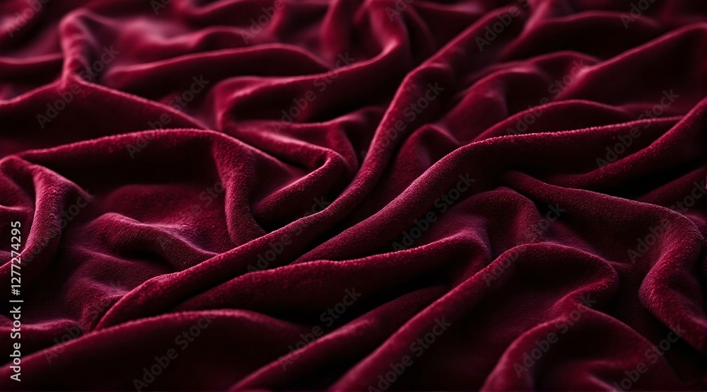 Obraz premium A close-up of ultra-soft velvet fabric in deep burgundy, showcasing its plush texture and smooth folds. Light and shadow enhance its luxurious sheen.