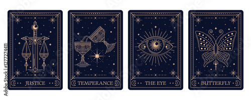 Tarot cards with esoteric and magic occult or mystic symbols in frames, vector backgrounds. Tarot cards golden frames with sacred esoteric symbols of justice, eye and temperance cup with butterfly