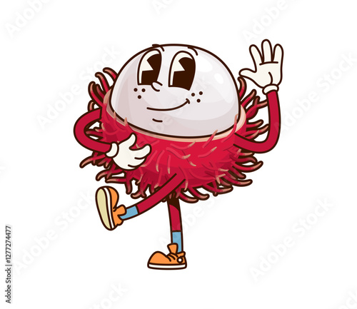 Groovy tropical lychee fruit character with cheerful smiling face, wearing retro sneakers. Cartoon playful tropical fruit personage promotes healthy and natural nutrition with a vintage nostalgic vibe