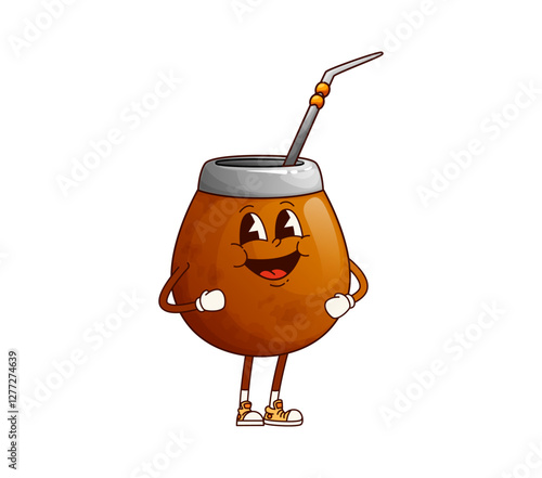 Mate tea calabash drink groovy cheerful character. South America mate beverage calabash with bombilla straw groovy personage, herbal drink cartoon vector mascot. Uruguay tea pot cheerful character