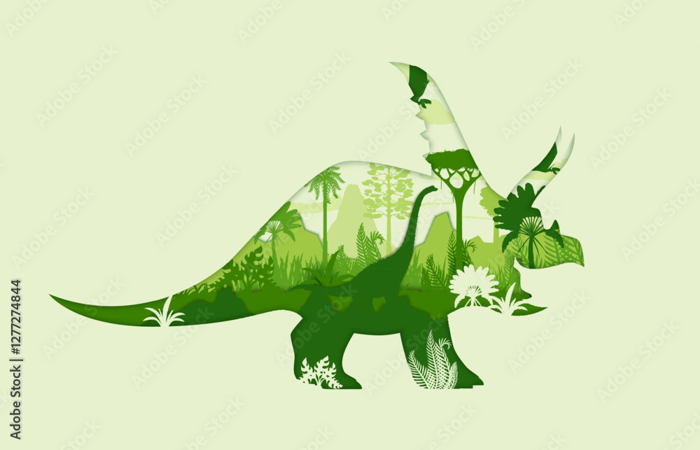 Obraz premium Paper cut dinosaur silhouette with prehistoric jungles landscape inside. Vector double exposure of green chasmosaurus dinosaur with titanosauria and dimorphodon dinos, trees and plants silhouettes