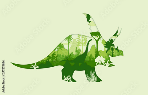Paper cut dinosaur silhouette with prehistoric jungles landscape inside. Vector double exposure of green chasmosaurus dinosaur with titanosauria and dimorphodon dinos, trees and plants silhouettes