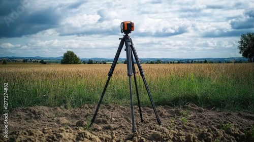 Wallpaper Mural A land surveyor's tripod and measuring tools set up in a vacant plot Torontodigital.ca