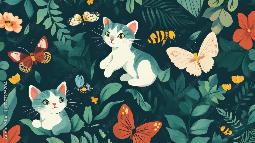 Playful Cats Surrounded by Colorful Butterflies and Vibrant Plants Playful Cats Surrounded by Colorful Butterflies and Vibrant Plants