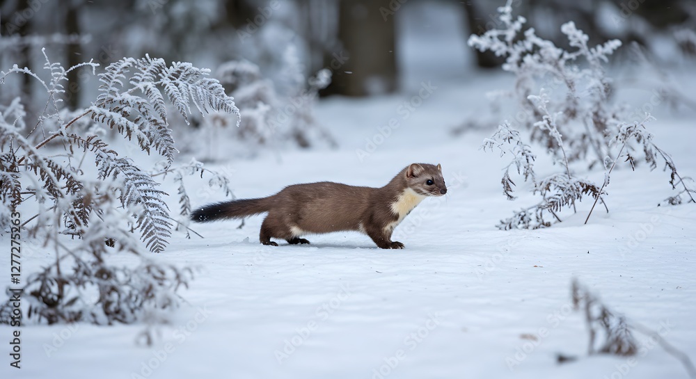 Obraz premium European Pine Marten Walking Through Snowy Winter Forest Landscape