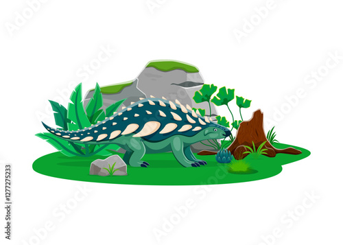 Nodosaurus prehistoric dinosaur character. Ancient herbivore reptile animal of Early Cretaceous era. Isolated cartoon vector armored, spiked ankylosaurian dino hiding behind lush greenery and rocks