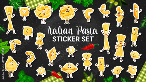 Cartoon Italian pasta characters stickers pack with funny spaghetti and penne, vector funny personages. Italian cuisine pasta characters with happy faces, cute farfalle and tagliatelle with tortellini