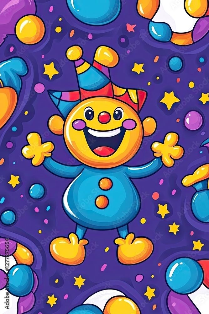 A happy clown with a big smile surrounded by colorful stars and balloons on a purple background. A happy clown with a big smile surrounded by colorful stars and balloons on a purple background.