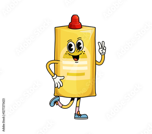 Groovy fast food mustard bottle character. Isolated cartoon vector funky retro yellow doypack personage add flavor and flair to nostalgic condiment adventure. Funny vintage hippie y2k mustard sauce