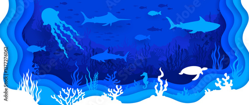 Paper cut underwater landscape. Sea life papercut vector cover, ocean wildlife or underwater nature animals paper cut background with jellyfish, shark, turtle and marlin swordfish, seahorse, seaweeds