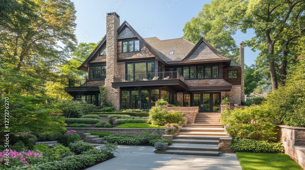 A newly completed home with flawless architectural detailing and a well-planned landscape A newly completed home with flawless architectural detailing and a well-planned landscape