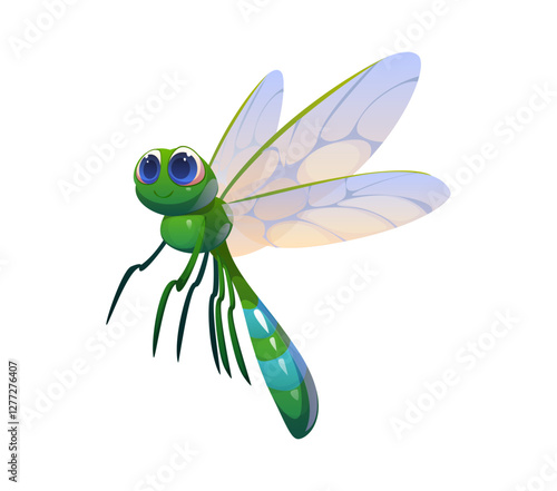 Cartoon funny dragonfly insect character. Kawaii baby bug cartoon cute mascot. Flying dragonfly insect cartoon isolated vector funny character or garden little animal childish happy personage