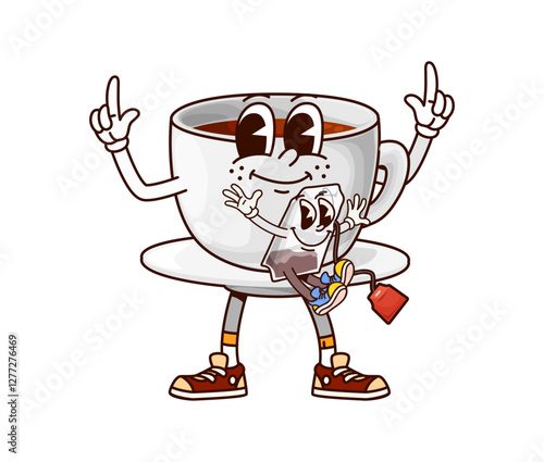 Groovy breakfast tea cup character. Isolated cartoon vector cheerful porcelain teacup retro personage with cute teabag on a saucer, exuding nostalgic funky vibes. Hot drink mug evokes a sense of joy