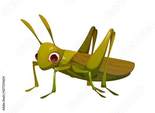Cartoon funny locust insect character with large, expressive eyes, prominent wings and legs. Isolated vector natural bug or pest locust personage is a type of insect that belongs to grasshopper family