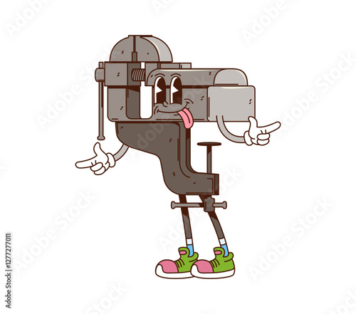 Groovy work tool or DIY and repair cartoon character of vise with funny face, vector building emoji. Groovy vise or vice work tool with happy smile and funky tongue out as retro cartoon character