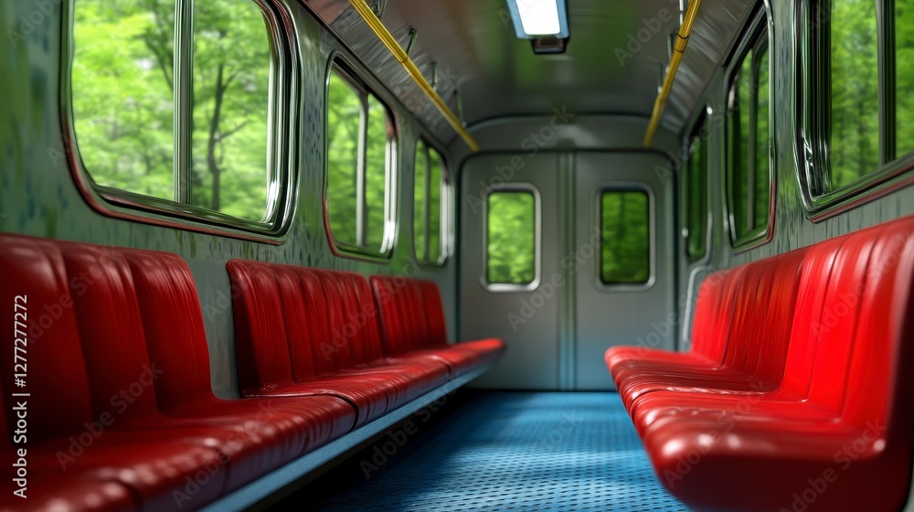 Fototapeta premium Empty Red Seated Train Car with Lush Green Forest View