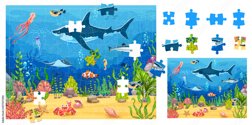 Fototapeta premium Underwater landscape, kids jigsaw puzzle logic game. Part connect vector puzzle, figure search riddle or game worksheet with corals, shark, squid, manta ray or stingray, clown fish cartoon sea animals