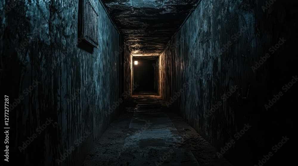 Dimly Lit Abandoned Corridor with Crumbling Walls and Ceiling Dimly Lit Abandoned Corridor with Crumbling Walls and Ceiling