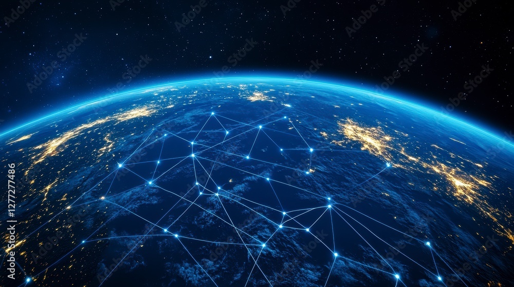 Obraz premium Global Network at Night Earth Viewed from Space