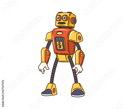 Cartoon retro robot, groovy character or transformer droid with comic face, vector android toy. Groovy retro robot with mechanical arms, robotic cyborg bot with buttons for hipster droid character