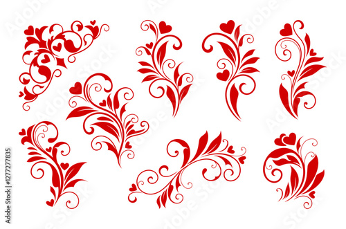 Valentine day hearts in flourish pattern decorations for wedding or marriage, vector ornaments. Valentine or wedding flourish pattern of floral decorations with red hearts, leaves and tendril frames