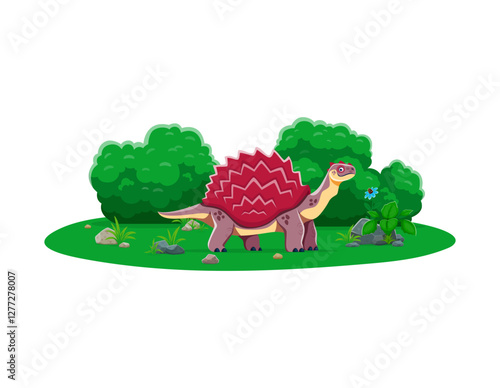 Carbonemys giant prehistoric turtle dinosaur character. Isolated cartoon vector ancient omnivore reptile animal with spiked shell standing in natural landscape of Paleocene epoch with rocks and shrubs