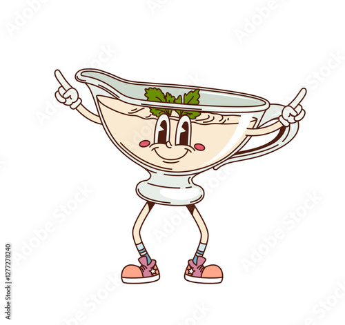 Cartoon groovy bechamel sauce character with funny face, vector comic emoji. Groovy bechamel sauce in creamer pitcher or jug bowl, retro cartoon character with happy smile and cool fingers gesture