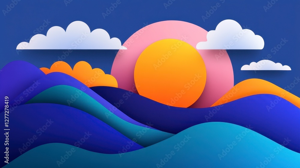 Fototapeta premium Layered Paper Art Ocean Sunset Blue and Orange Hues