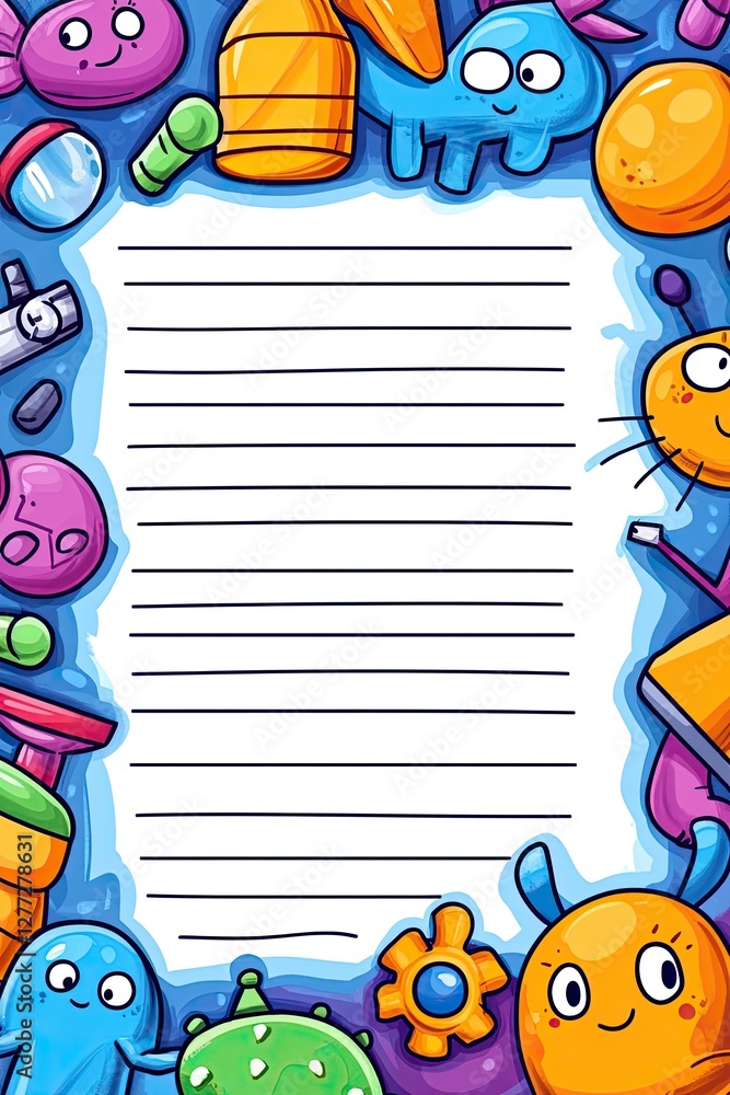 Fototapeta premium A vertical lined paper sheet with a colorful cartoon border of strange creatures, toys, and items.