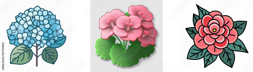Three different flowers in various colors are displayed. A blue hydrangea, pink geranium, and red rose are shown on a white background. Three different flowers in various colors are displayed. A blue hydrangea, pink geranium, and red rose are shown on a white background.