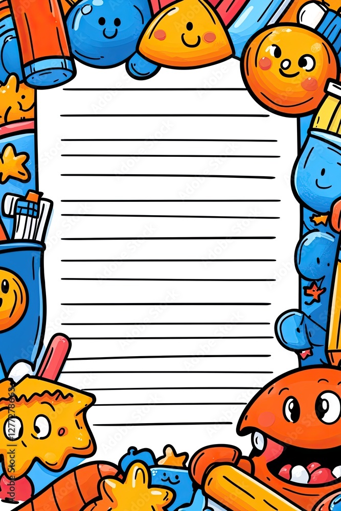 Obraz premium A vertical sheet of lined paper framed by colorful, cartoonish doodles.