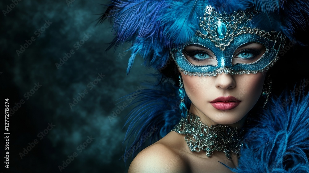 A mesmerizing woman wearing an intricate blue feathered mask and headdress on a dark setting A mesmerizing woman wearing an intricate blue feathered mask and headdress on a dark setting
