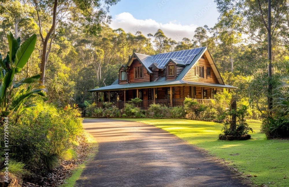 Sun-drenched, secluded cabin nestled in forest with solar panels Sun-drenched, secluded cabin nestled in forest with solar panels