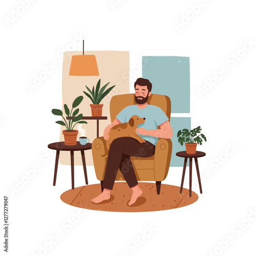 Man Relaxing in Armchair with Dog and Plants at Home