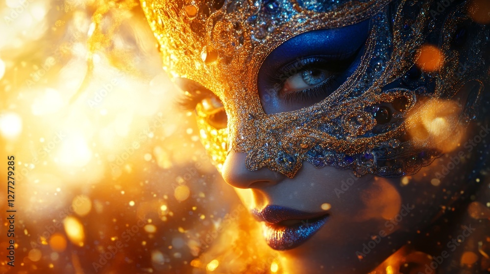 A woman in a colorful Venetian mask against a black bokeh backdrop brings to life the enchantment of Mardi Gras and Purim traditional masquerade parties, suitable for carnival-themed design cards and A woman in a colorful Venetian mask against a black bokeh backdrop brings to life the enchantment of Mardi Gras and Purim traditional masquerade parties, suitable for carnival-themed design cards and