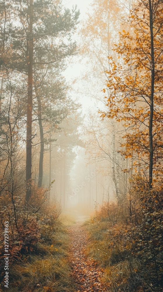 Fototapeta premium Misty Autumn Forest Path with Golden Leaves and Soft Light