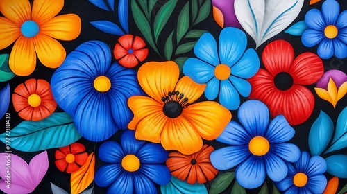 Wallpaper Mural Vibrant Floral Pattern with Blue Orange and Red Flowers on Black Background Torontodigital.ca