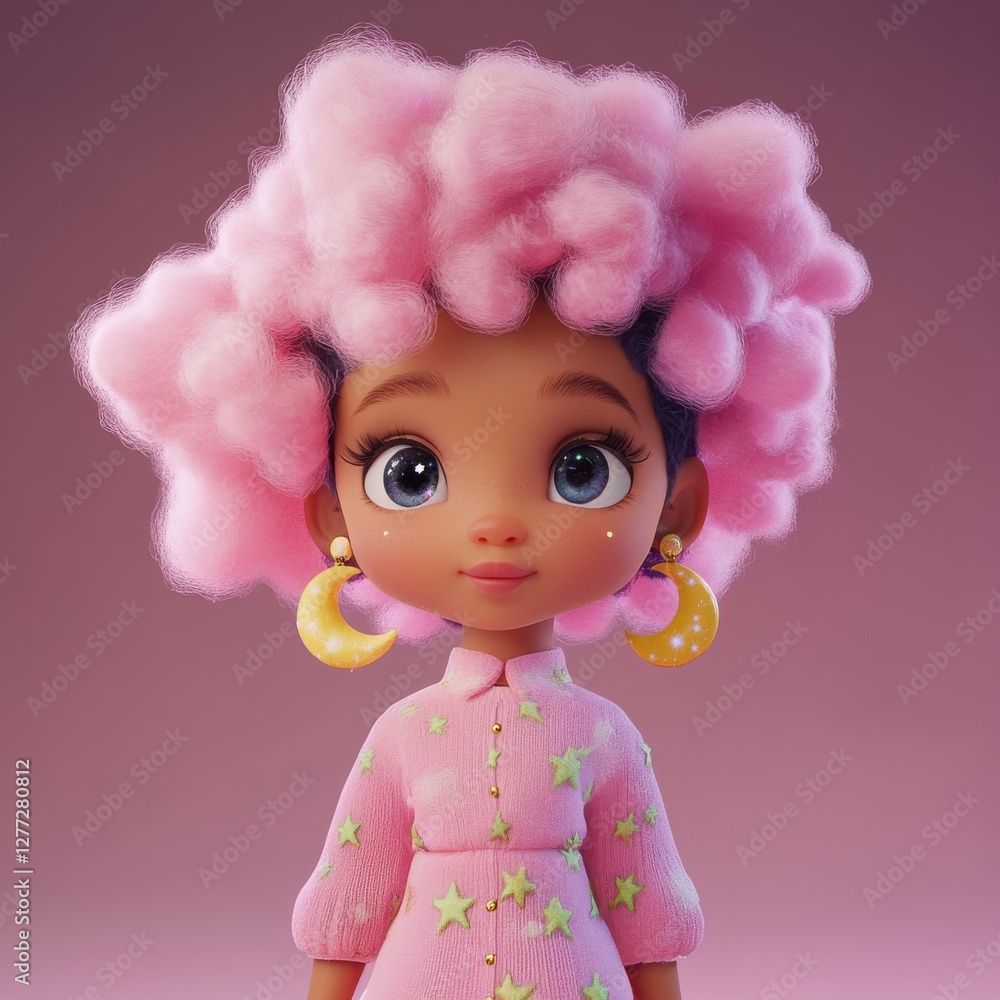 Fototapeta premium Cute Cartoon Character with Pink Hair and Starry Sweater Design