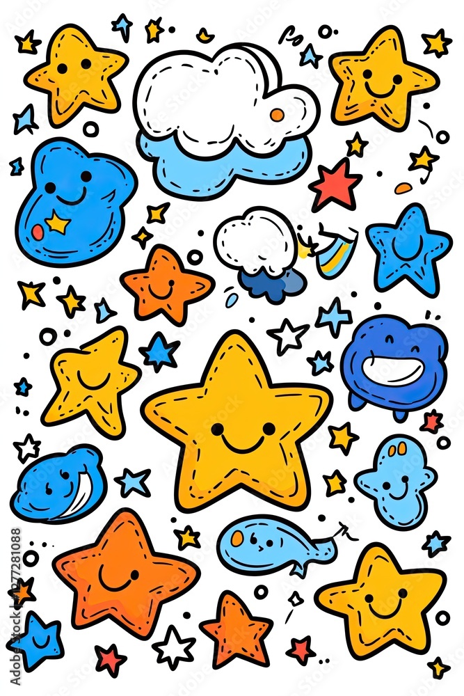 Obraz premium A whimsical pattern of cute stars, clouds, and smiling blobs in different colors.