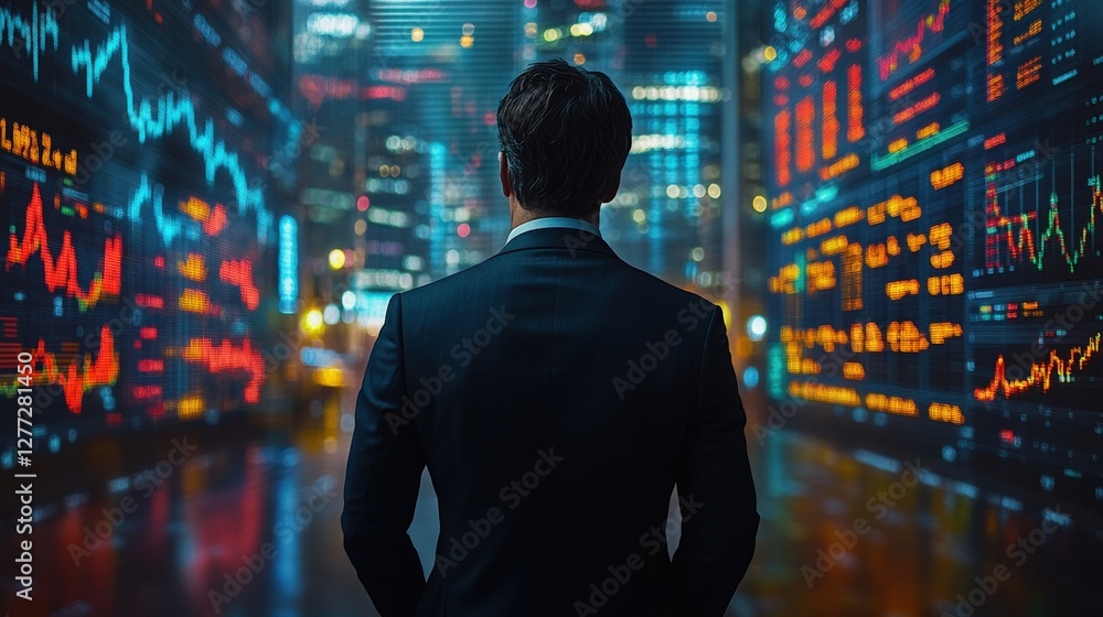 Business professional analyzing financial data in a vibrant cityscape at night Business professional analyzing financial data in a vibrant cityscape at night